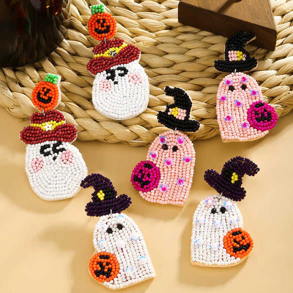 Cute Funny Multicolor Beaded Ghost Shape Plastic Resin Earrings For Women With Festive Elements