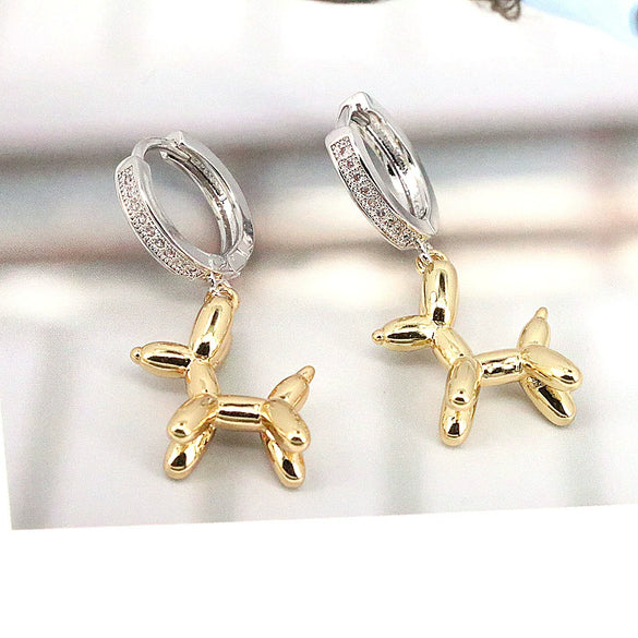 Cute Geometric Balloon Dog Copper Earrings With Micro Inlaid Zircon Diamond Cut Personality Ear Buckle Style