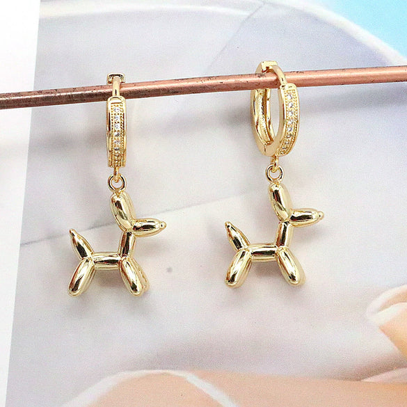 Cute Geometric Balloon Dog Copper Earrings With Micro Inlaid Zircon Diamond Cut Personality Ear Buckle Style