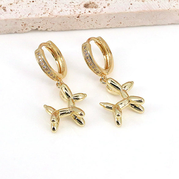 Cute Geometric Balloon Dog Copper Earrings With Micro Inlaid Zircon Diamond Cut Personality Ear Buckle Style
