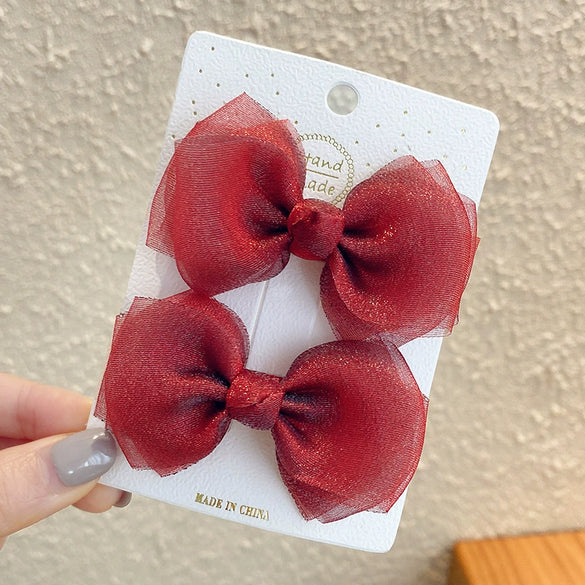 Cute Handmade Cloth Bow Duckbill Hair Clip Pearlescent Yarn Double Clip Hairpin For Baby Girls And Children