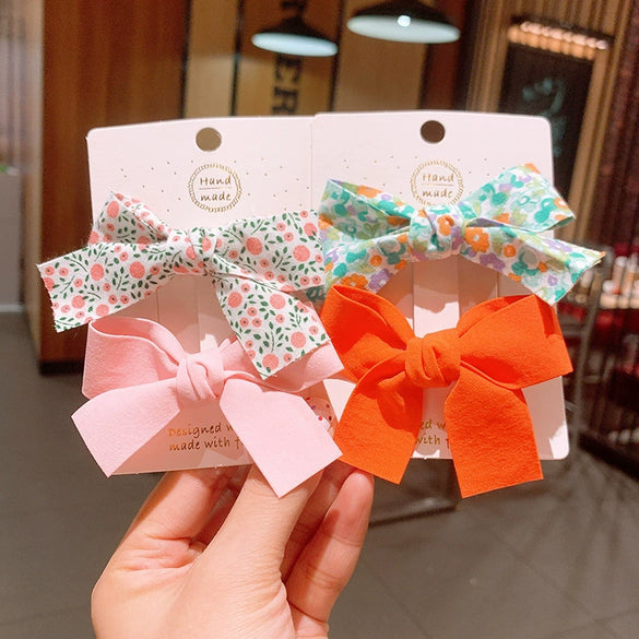 Cute Handmade Fabric Floral Bow Side Hair Clip Set For Children Duckbill Bangs Hairpins
