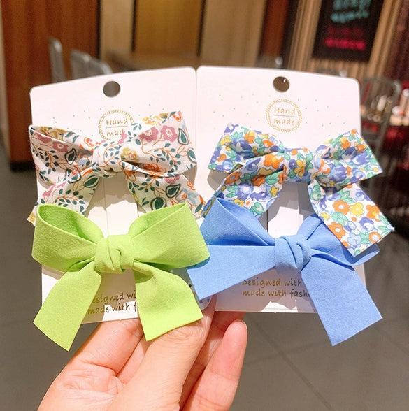 Cute Handmade Fabric Floral Bow Side Hair Clip Set For Children Duckbill Bangs Hairpins