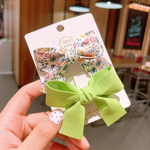 Cute Handmade Fabric Floral Bow Side Hair Clip Set For Children Duckbill Bangs Hairpins
