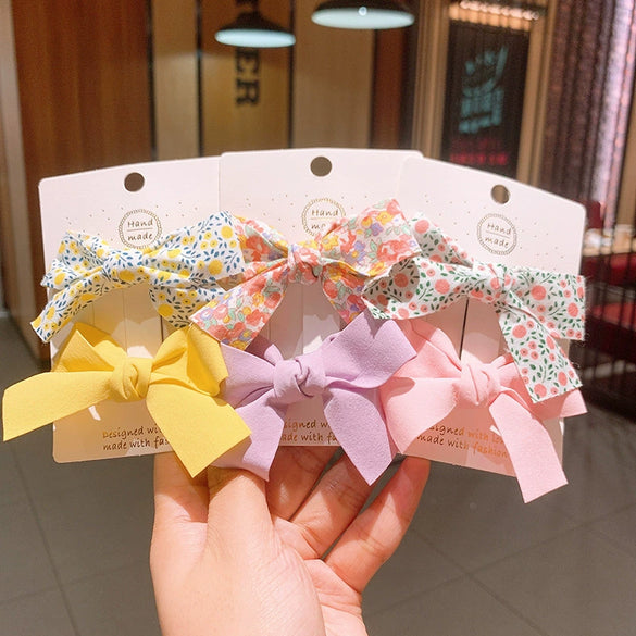 Cute Handmade Fabric Floral Bow Side Hair Clip Set For Children Duckbill Bangs Hairpins