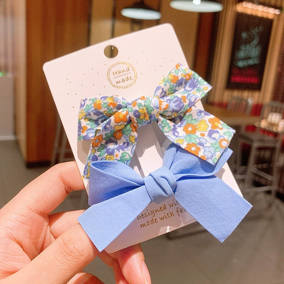 Cute Handmade Fabric Floral Bow Side Hair Clip Set For Children Duckbill Bangs Hairpins