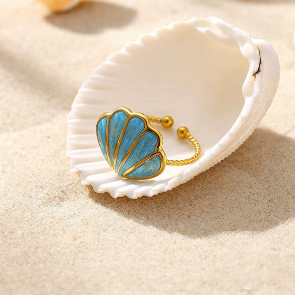 Cute Ocean Animal Enamel Ring In Gold Plated Titanium Steel With Starfish Shell And Octopus Motifs For Unisex Wear