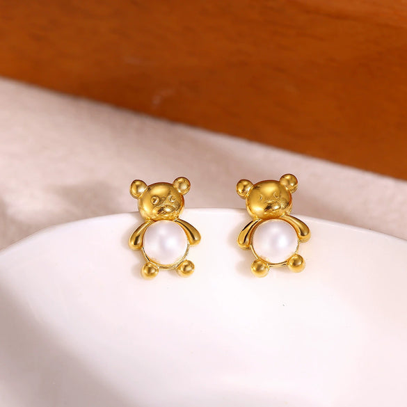 Cute Pearl Bear Earrings For Women Goldplated Stainless Steel Animal Stud Earrings With A Simple Fresh Style