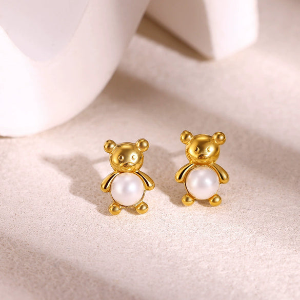 Cute Pearl Bear Earrings For Women Goldplated Stainless Steel Animal Stud Earrings With A Simple Fresh Style