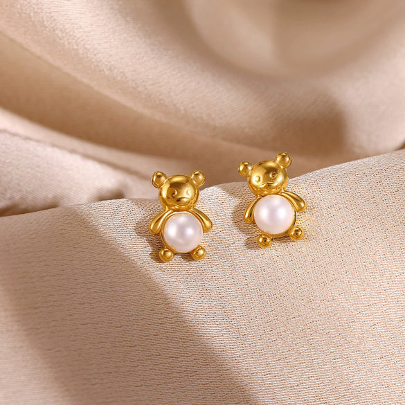 Cute Pearl Bear Earrings For Women Goldplated Stainless Steel Animal Stud Earrings With A Simple Fresh Style