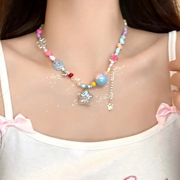 Cute Pentagram Heart Shape Bow Knot Resin Women's Necklace