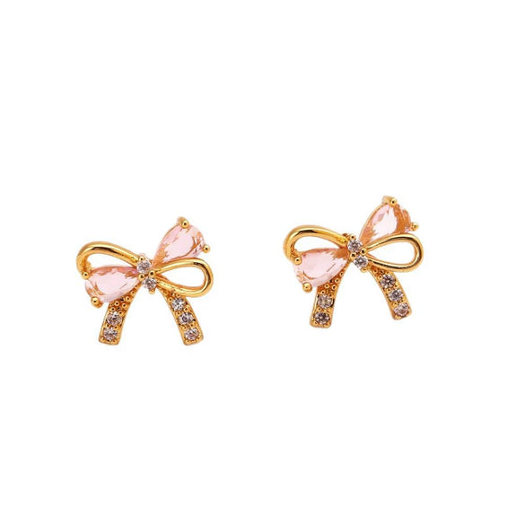 Cute Pink Diamond Zircon Bow Women's Earrings Copper Electroplated 18K Real Gold