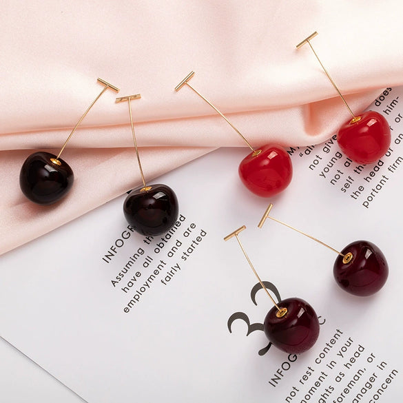 Cute Red Cherry Design Glass Glaze Earrings For Women