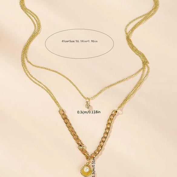 Cute Simple Style Shell Gold Plated Rhinestones Pearl Alloy Wholesale Double Layer Necklaces
