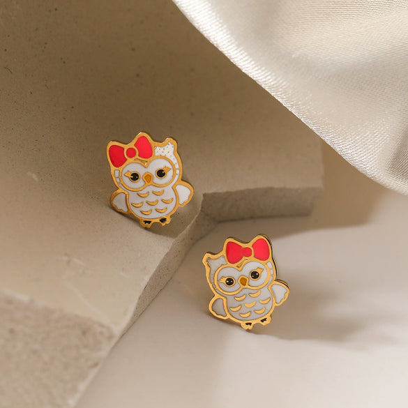 Cute Stainless Steel Owl Earrings For Women 18K Goldplated Dripping Oil Geometric Style