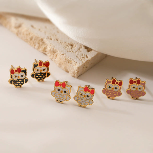 Cute Stainless Steel Owl Earrings For Women 18K Goldplated Dripping Oil Geometric Style