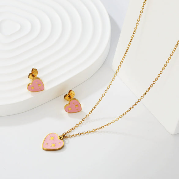Cute Stainless Steel Pendant Necklace And Earrings Set With Fries Letter T Heart And Christmas Tree Charms
