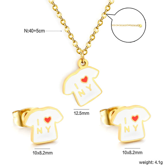 Cute Stainless Steel Pendant Necklace And Earrings Set With Fries Letter T Heart And Christmas Tree Charms