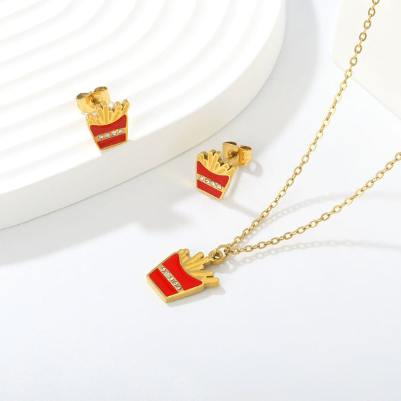 Cute Stainless Steel Pendant Necklace And Earrings Set With Fries Letter T Heart And Christmas Tree Charms