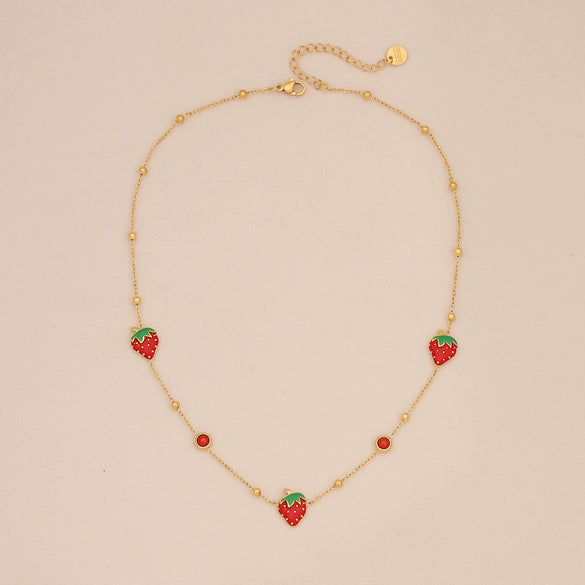 Cute Strawberry Fruit Shaped Stainless Steel Clavicle Chain Necklace With Electroplating For Women