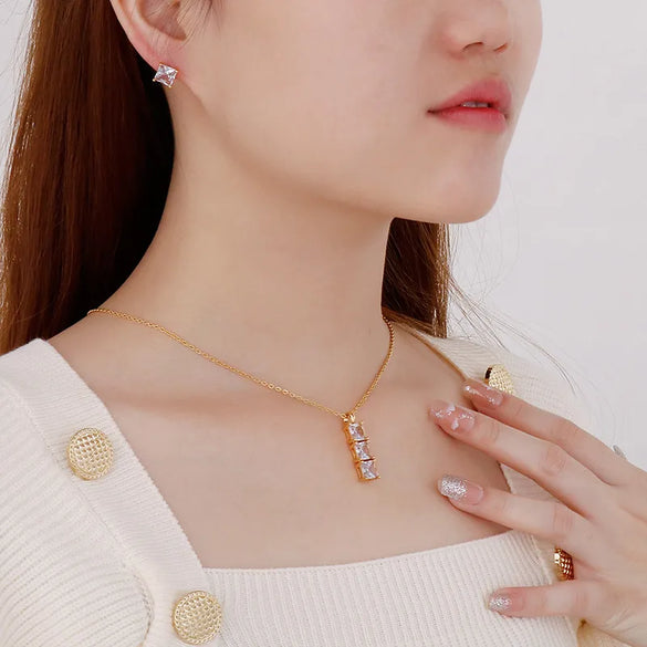 Wholesale Jewelry Cute Vacation Sparkly Titanium Steel Zircon 18K Gold Plated Inlay Jewelry Set