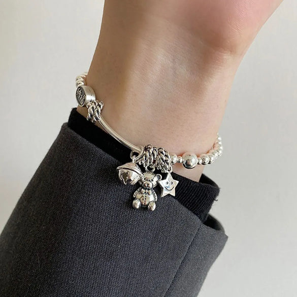Cute Vintage Style Star Bear Bell Sterling Silver Bracelets