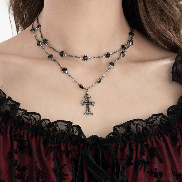 Dark Cross Doublelayer Geometric Alloy Crystal Chain Necklace With Electroplating For Women