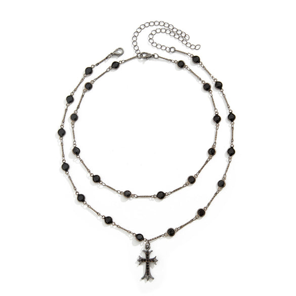 Dark Cross Doublelayer Geometric Alloy Crystal Chain Necklace With Electroplating For Women