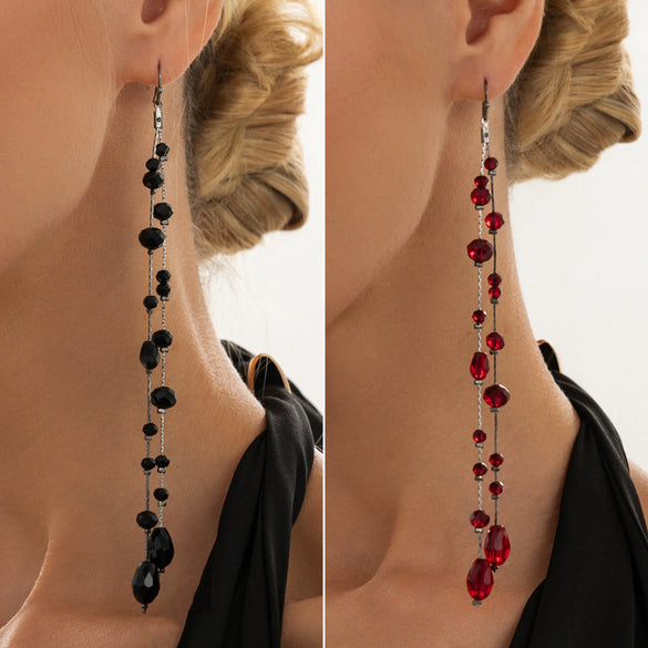 Dark Gothic Glass Crystal Tassel Earrings For Women Geometric Long Chain Drop Earrings With Stainless Steel Ear Posts And Electroplated Finish