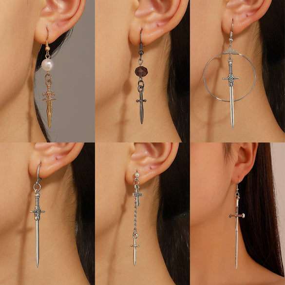 Dark Punk Alloy Cross Sword Geometric Exaggerated Retro Personality Earrings For Women