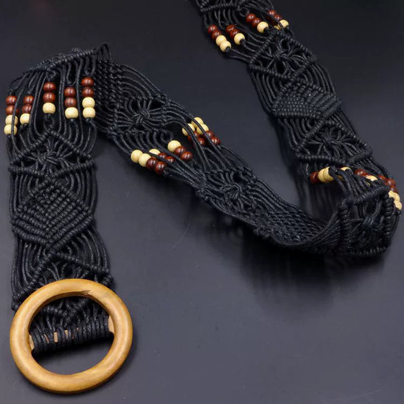 Decorative Belt Wax Rope Wooden Beads Hollow Hand Beaded Woven Clothing Accessories