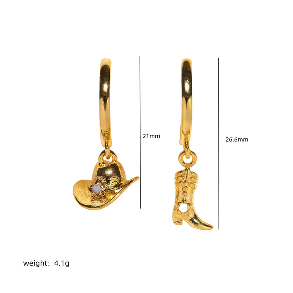 Denim Boots Hat Pendant Earrings Copper Geometric 18K Real Gold Plating Electroplated For Women