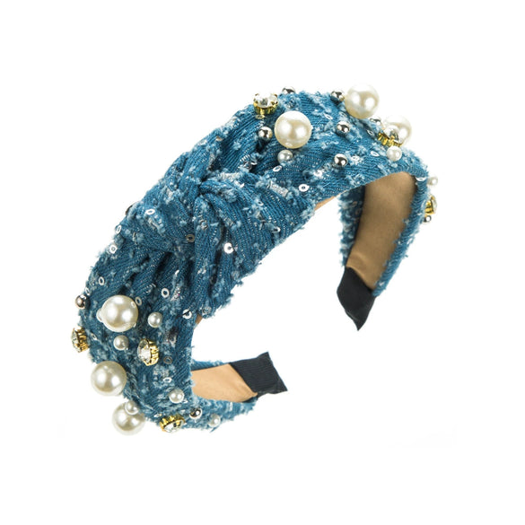 Denim Hairband Pearl Sequins Inlay Women's Hair Accessories