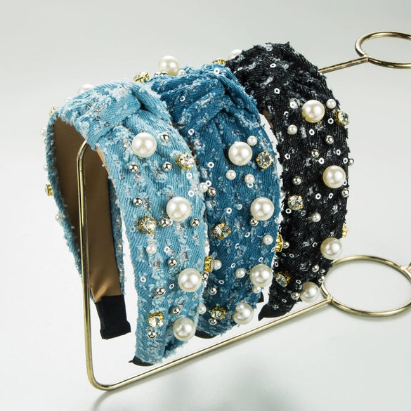Denim Hairband Pearl Sequins Inlay Women's Hair Accessories