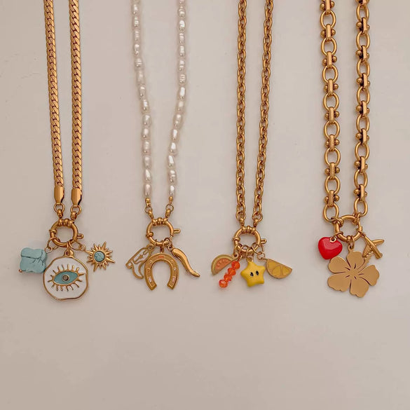 Denim Pendant Necklace Titanium Steel Electroplated 18K Gold Color Fruit Love Sun Style