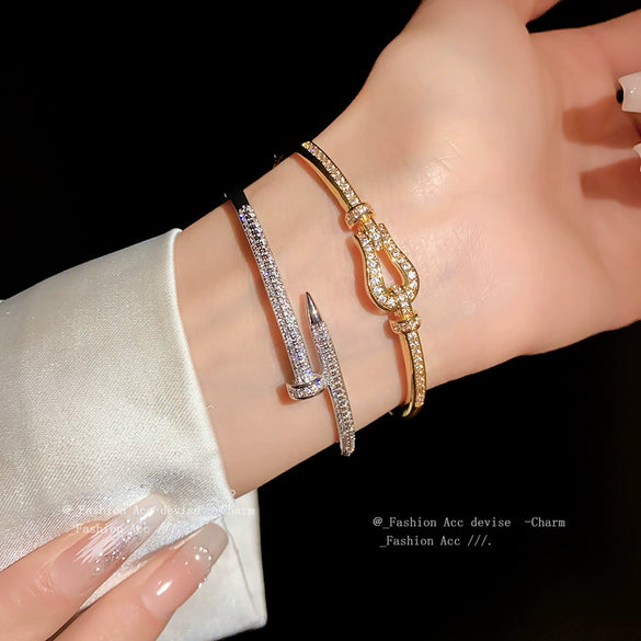 Diamondstudded Openended Bracelet Copper Plastic Light Luxury Style For Women