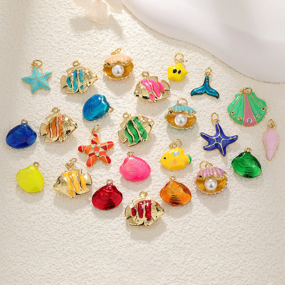 Diy Accessories Copper Gold Plated Ocean Series Animals Starfish Shell Goldfish Mermaid Tail Dripping Oil Pendant