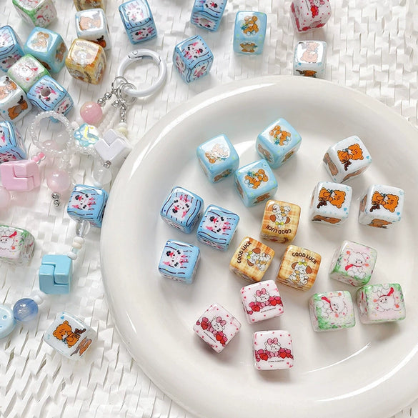 Diy Acrylic Loose Bead Bracelet Necklace Beaded Mobile Phone Chain Handpainted Square Plastic Resin Printing