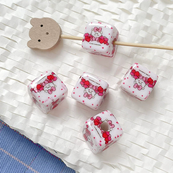 Diy Acrylic Loose Bead Bracelet Necklace Beaded Mobile Phone Chain Handpainted Square Plastic Resin Printing