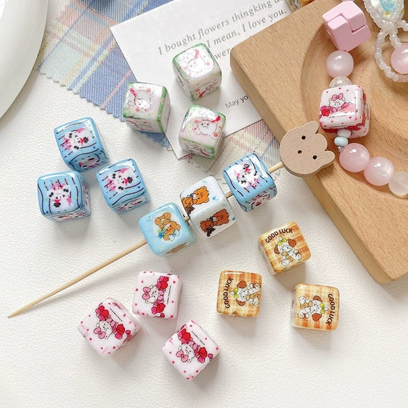 Diy Acrylic Loose Bead Bracelet Necklace Beaded Mobile Phone Chain Handpainted Square Plastic Resin Printing