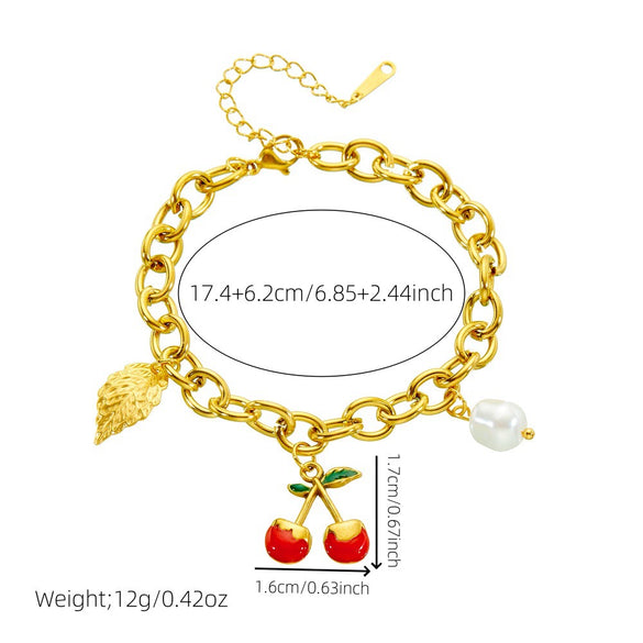 Diy Fruit Leaf Pearl Pendant Stainless Steel Thick Chain Electroplated Women's Bracelet