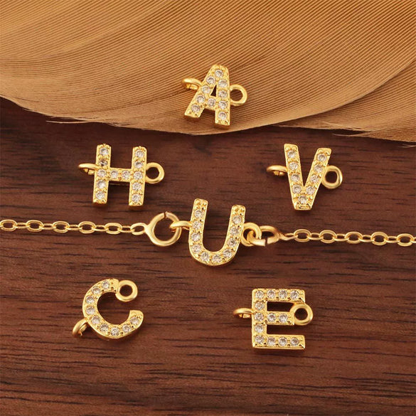 Diy Handmade Jewelry Copper Pendant With Inlaid Zircon And Double Hanging English Letters Electroplated 18K Gold For Necklace And Bracelet Accessories