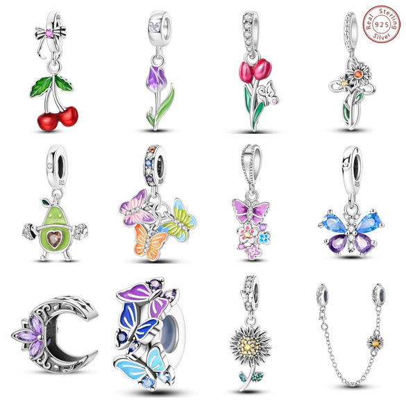 Diy Jewelry Accessories Bracelet 925 Sterling Silver Charm With Plant Butterfly Tulip Sunflower Cherry Bead And Dripping Oil Design
