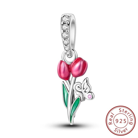 Diy Jewelry Accessories Bracelet 925 Sterling Silver Charm With Plant Butterfly Tulip Sunflower Cherry Bead And Dripping Oil Design