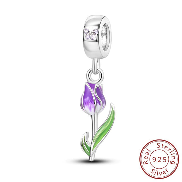 Diy Jewelry Accessories Bracelet 925 Sterling Silver Charm With Plant Butterfly Tulip Sunflower Cherry Bead And Dripping Oil Design