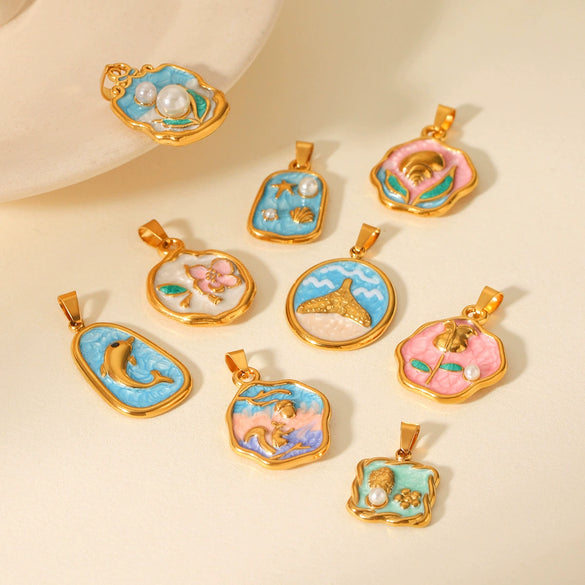 Diy Jewelry Accessories Stainless Steel Marine Life Oil Dripping Pendant With Pearl Flower