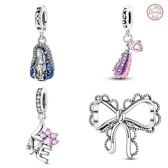 Diy Jewelry Accessories 925 Sterling Silver Charm Virgin Bow Feather Bead Pendant Bracelet Necklace With Dripping Oil Design And Animal Style