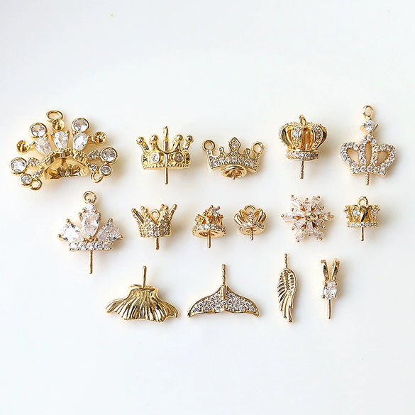 Diy Jewelry Earrings Copper Crown Mermaid Tail Small Wings Real Gold Electroplated With Pearl Decorative Accessories