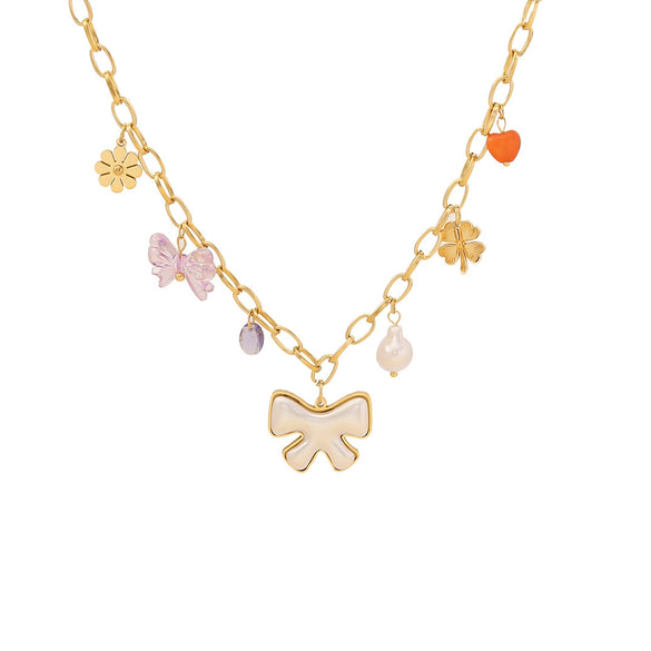 Dopamine Color Fashion Ol Women's Stainless Steel Necklace With Bow Tie Design And Electroplating