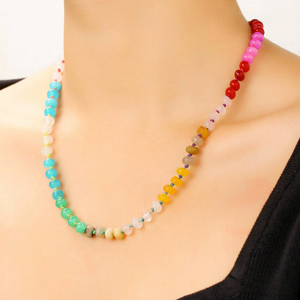 Dopamine Color Natural Stone Abacus Beaded Handmade Stainless Steel Necklace For Women With Geometric Style